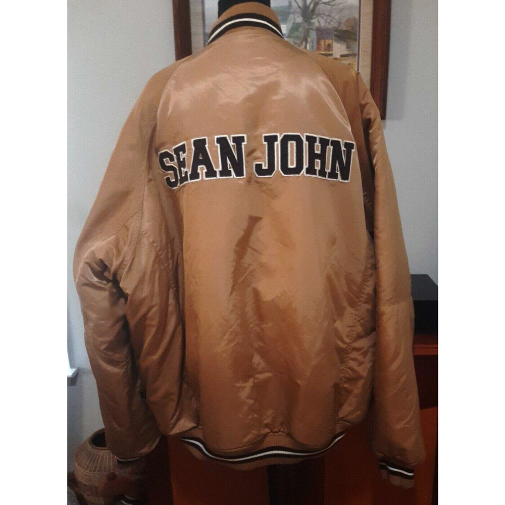 Vintage Sean John Wheat/Blk Snap Varsity Stitched Letter Bomber Jacket Men XXL